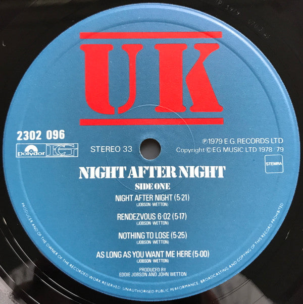 UK (3) - Night After Night (Vinyl, LP, Album) Very Good (VG) / Good Plus (G+)