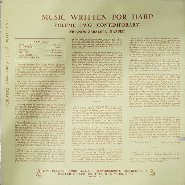 Nicanor Zabaleta - Harp Music Vol. 2 (Vinyl, LP, Album, Mono) Good Plus (G+) / Good Plus (G+)