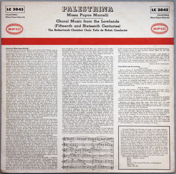 Giovanni Pierluigi da Palestrina - Missa Papae Marcelli / Choral Music From The Lowlands: 15th And 16th Centuries (Vinyl, LP, Mono) Very Good (VG) / Very Good (VG)