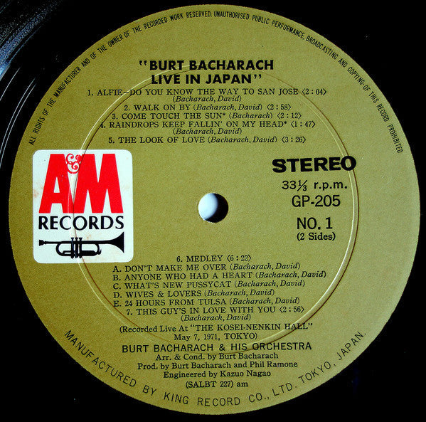 Burt Bacharach - Live In Japan (Vinyl, LP, Album, Stereo) Very Good (VG) / Very Good Plus (VG+)