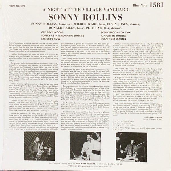 Sonny Rollins - A Night At The "Village Vanguard" (Vinyl, LP, Album, Promo, Reissue, Mono) Very Good Plus (VG+) / Very Good Plus (VG+)