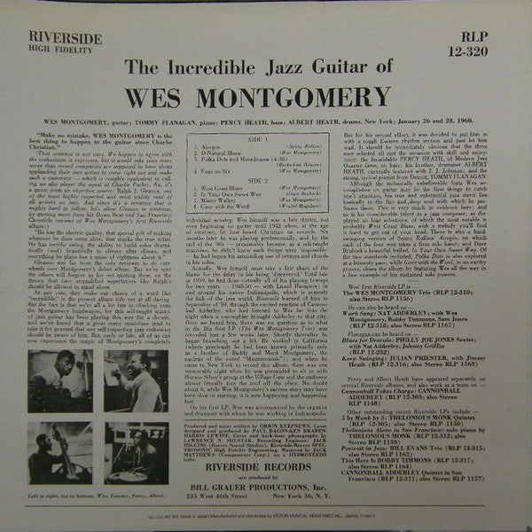 Wes Montgomery - The Incredible Jazz Guitar Of Wes Montgomery (Vinyl, LP, Album, Reissue, Stereo) Very Good Plus (VG+) / Very Good (VG)