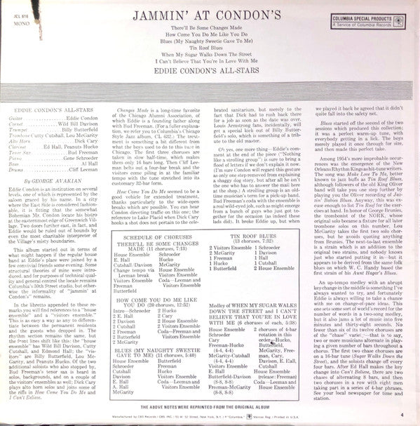 Eddie Condon And His All-Stars - Jammin' At Condon's (Vinyl, LP, Album, Mono) Very Good (VG) / Very Good Plus (VG+)