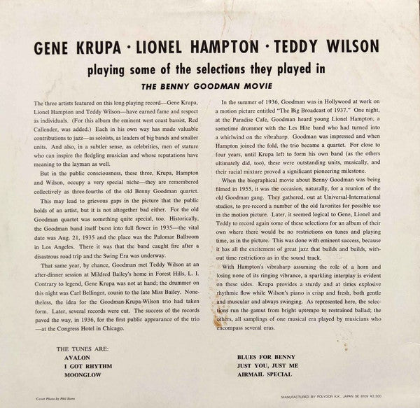 Gene Krupa - Gene Krupa - Lionel Hampton - Teddy Wilson (Vinyl, LP, Album, Mono) Very Good Plus (VG+) / Very Good Plus (VG+)