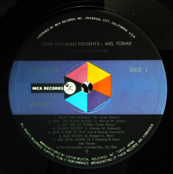 Mel Tormé - Gene Norman Presents Mel Tormé (Actually Recorded At The Crescendo Dec.15, 1954) = アット·ザ·クレッセンド (Vinyl, LP, Mono) Very Good Plus (VG+) / Very Good Plus (VG+)