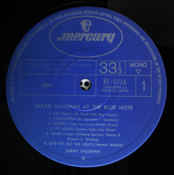 Sarah Vaughan - At The Blue Note (Vinyl, LP, Album, Mono) Very Good (VG) / Very Good (VG)