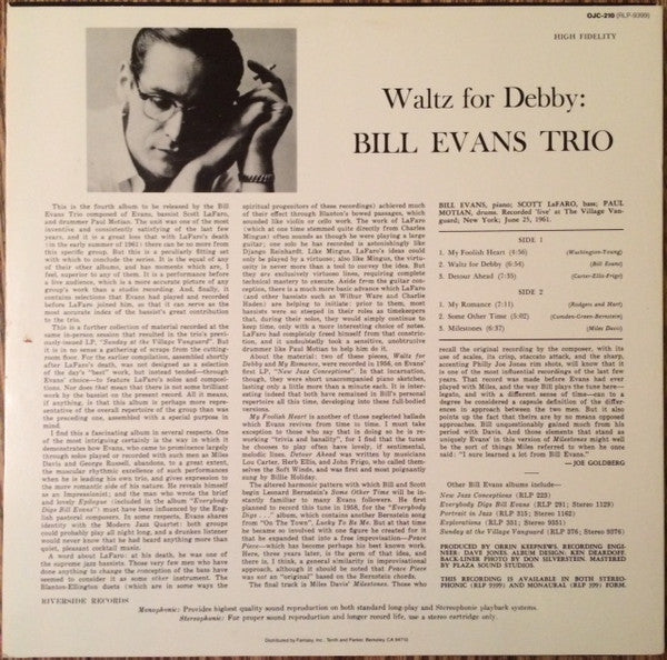 The Bill Evans Trio - Waltz For Debby (Vinyl, LP, Album, Reissue, Stereo) Very Good (VG) / Very Good (VG)
