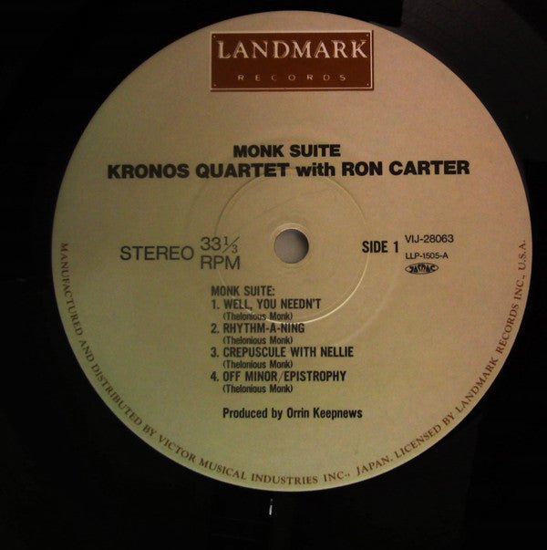 Kronos Quartet - Monk Suite: Kronos Quartet Plays Music Of Thelonious Monk (Vinyl, LP, Album, Stereo) Very Good Plus (VG+) / Very Good Plus (VG+)