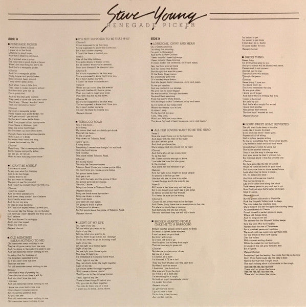 Steve Young (2) - Renegade Picker (Vinyl, LP, Album, Stereo) Very Good (VG) / Very Good (VG)