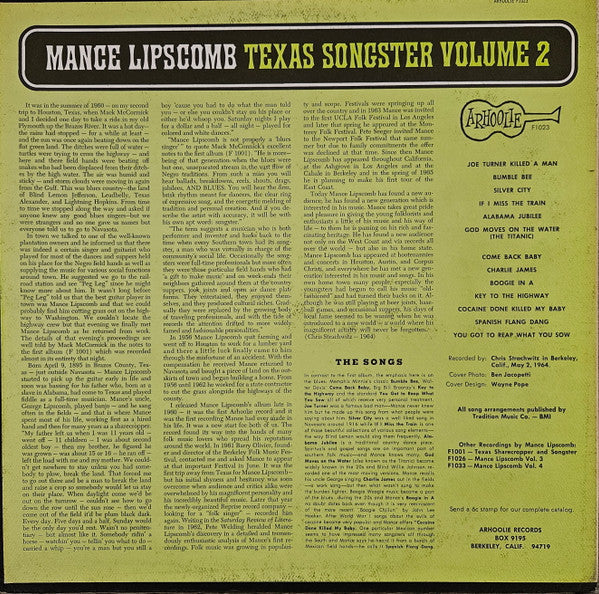 Mance Lipscomb - Texas Songster Volume 2 (Vinyl, LP, Album) Very Good Plus (VG+) / Very Good Plus (VG+)