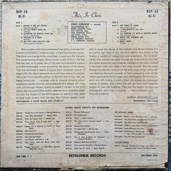 Chris Connor - This Is Chris (Vinyl, LP, Album, Repress, Mono) Very Good (VG) / Fair (F)