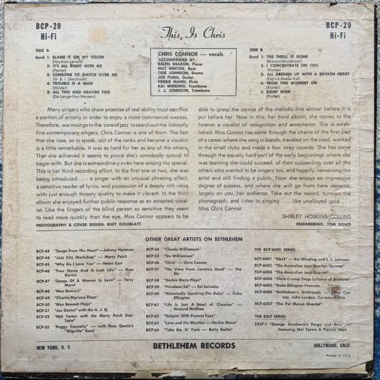 Chris Connor - This Is Chris (Vinyl, LP, Album, Repress, Mono) Very Good (VG) / Fair (F)