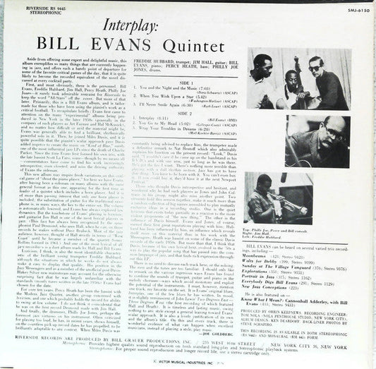 Bill Evans Quintet - Interplay (Vinyl, LP, Album, Promo, Reissue) Very Good Plus (VG+) / Very Good Plus (VG+)