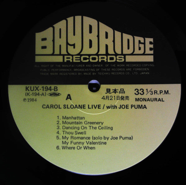 Carol Sloane - Carol Sloane Live (Vinyl, LP, Promo, Mono) Very Good Plus (VG+) / Very Good (VG)
