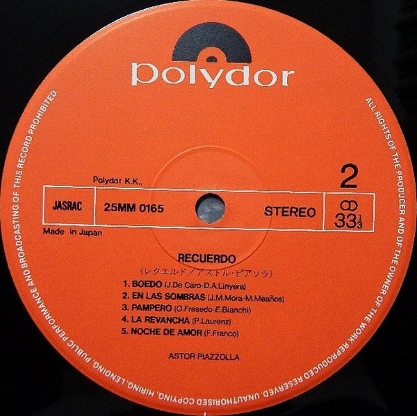 Astor Piazzolla Y Su Gran Orquesta - Recuerdo (Vinyl, LP, Album, Stereo) Very Good Plus (VG+) / Very Good (VG)