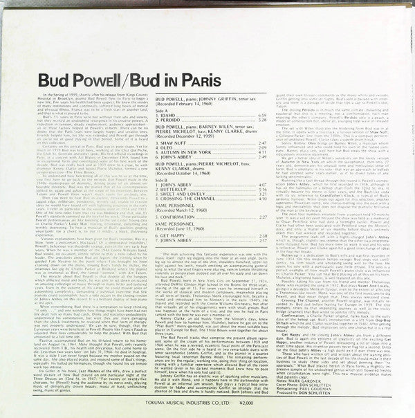 Bud Powell - Bud In Paris (Vinyl, LP, Reissue, Mono) Very Good Plus (VG+) / Very Good Plus (VG+)