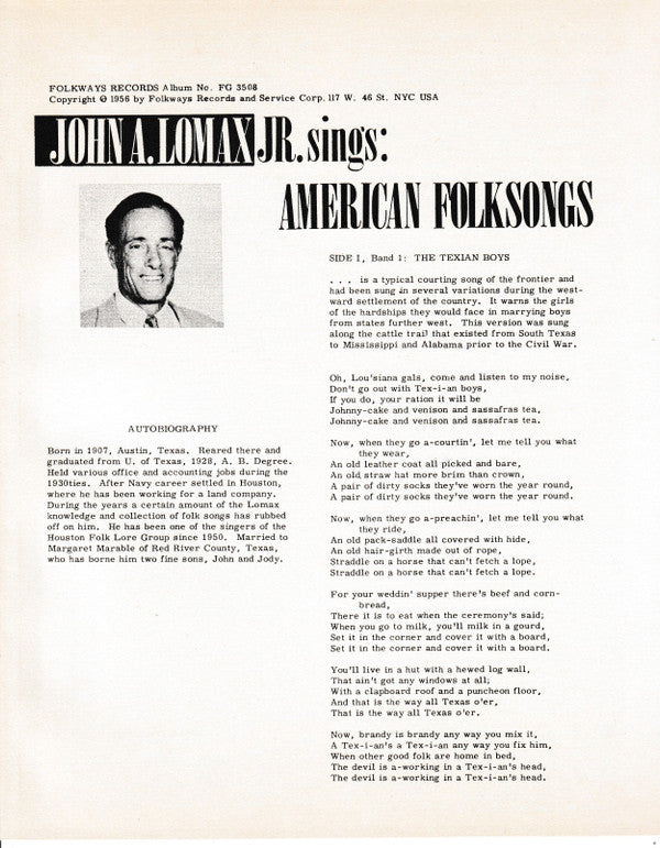 John A. Lomax, Jr. - Sings American Folksongs (Vinyl, LP, Album) Very Good Plus (VG+) / Very Good Plus (VG+)