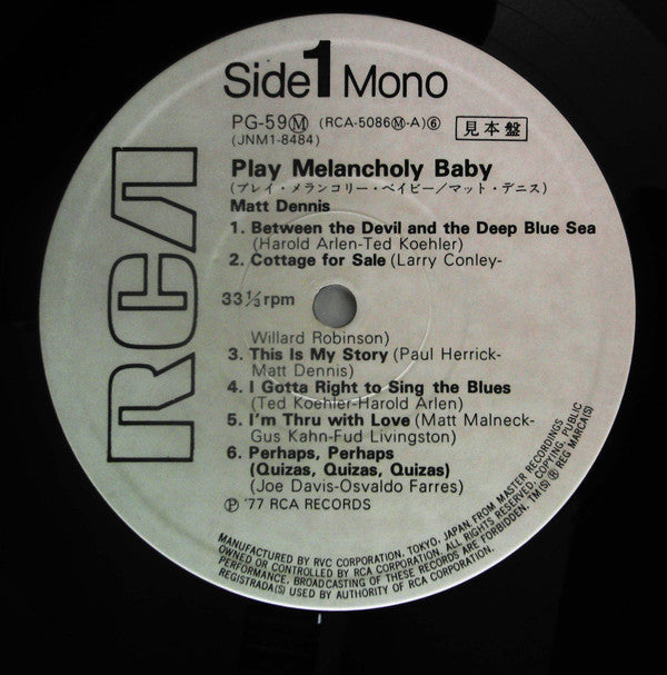 Matt Dennis - Play Melancholy Baby (Vinyl, LP, Reissue, Mono) Very Good (VG) / Very Good (VG)
