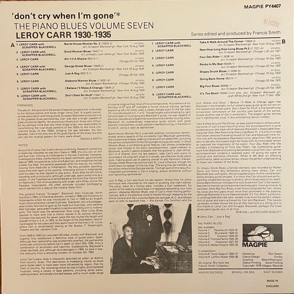 Leroy Carr - 'Don't Cry When I'm Gone' - Leroy Carr 1930-1935 (Vinyl, LP, Compilation, Mono) Very Good Plus (VG+) / Very Good (VG)