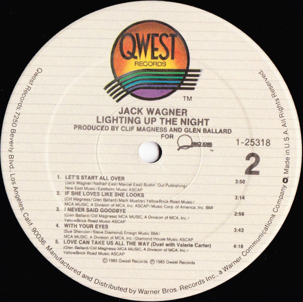 Jack Wagner - Lighting Up The Night (Vinyl, LP, Album) Very Good (VG) / Very Good (VG)