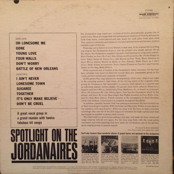 The Jordanaires - Spotlight On The Jordanaires (Vinyl, LP, Mono) Very Good (VG) / Good (G)