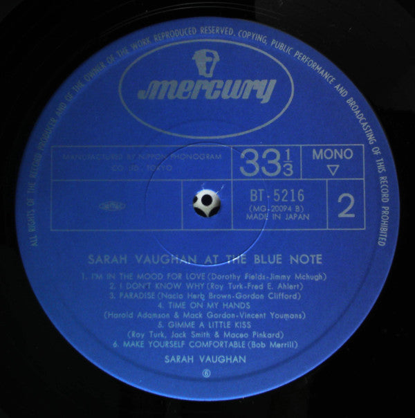 Sarah Vaughan - At The Blue Note (Vinyl, LP, Album, Mono) Very Good (VG) / Very Good (VG)