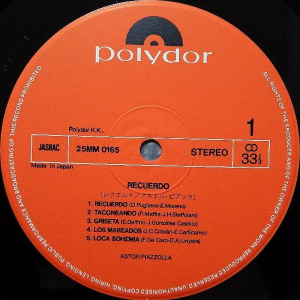 Astor Piazzolla Y Su Gran Orquesta - Recuerdo (Vinyl, LP, Album, Stereo) Very Good Plus (VG+) / Very Good (VG)