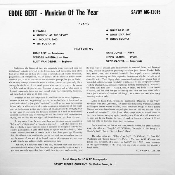 Eddie Bert - Musician Of The Year (Vinyl, LP, Album, Reissue, Mono) Very Good Plus (VG+) / Very Good Plus (VG+)