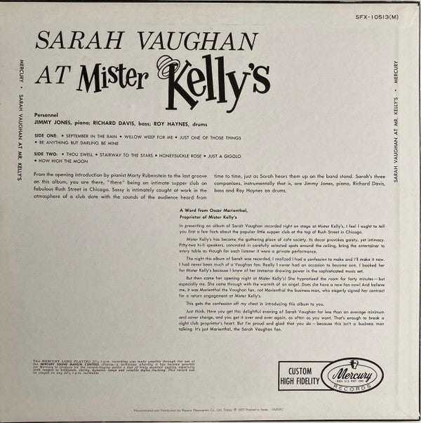 Sarah Vaughan And Her Trio - Sarah Vaughan At Mister Kelly's (Vinyl, LP, Album, Mono) Very Good Plus (VG+) / Good Plus (G+)