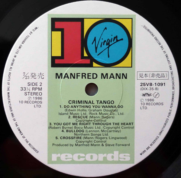 Manfred Mann's Earth Band - Criminal Tango (Vinyl, LP, Album, Promo) Very Good Plus (VG+) / Very Good (VG)