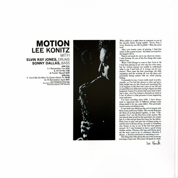 Lee Konitz - Motion (Vinyl, LP, Album, Reissue) Very Good Plus (VG+) / Very Good Plus (VG+)