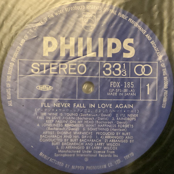 Dionne Warwick - I'll Never Fall In Love Again (Vinyl, LP, Album, Stereo) Very Good Plus (VG+) / Very Good (VG)