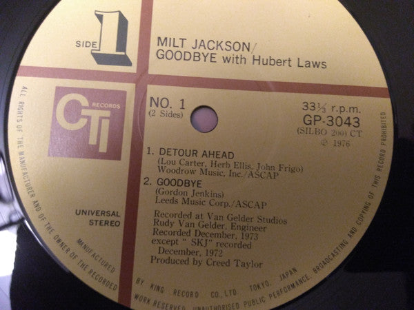 Milt Jackson - Goodbye (Vinyl, LP, Album) Very Good Plus (VG+) / Very Good Plus (VG+)