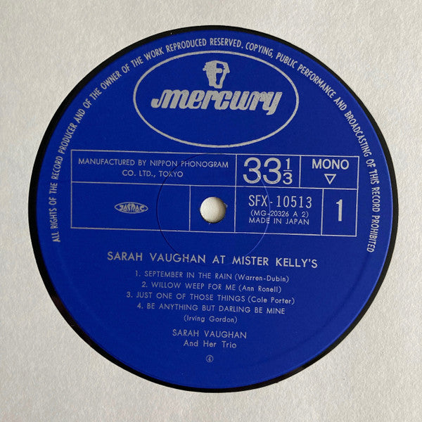 Sarah Vaughan And Her Trio - Sarah Vaughan At Mister Kelly's (Vinyl, LP, Album, Mono) Very Good Plus (VG+) / Very Good Plus (VG+)