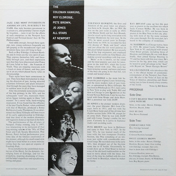 Coleman Hawkins All Star Band - At Newport (Vinyl, LP, Album, Reissue, Mono) Very Good (VG) / Very Good (VG)