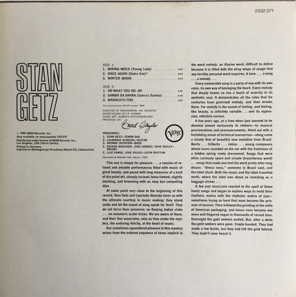 Stan Getz - Stan Getz With Guest Artist Laurindo Almeida (Vinyl, LP, Album, Reissue) Good Plus (G+) / Good Plus (G+)