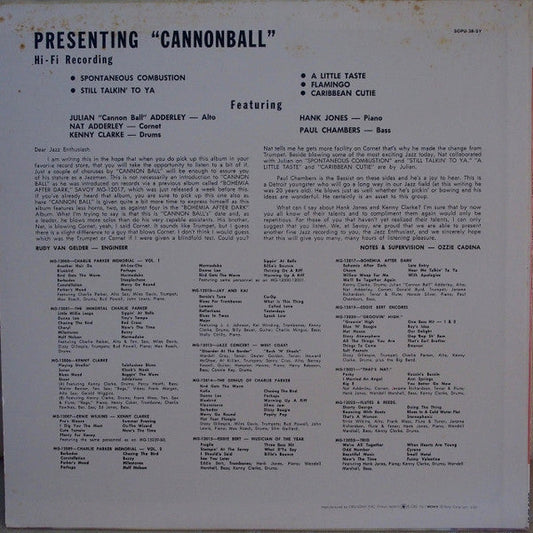 Cannonball Adderley - Presenting "Cannonball" (Vinyl, LP, Album, Reissue, Mono) Very Good (VG) / Very Good (VG)