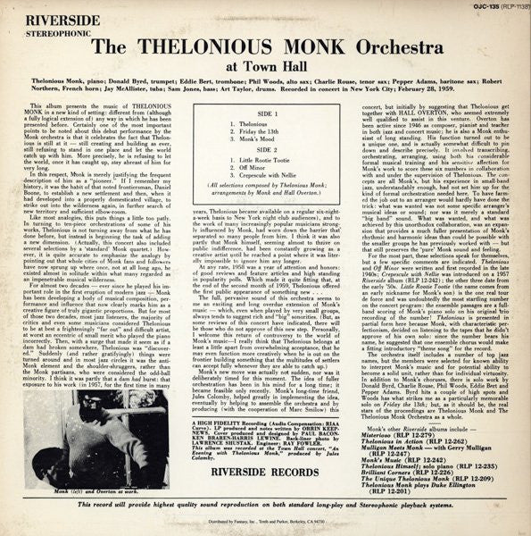 The Thelonious Monk Orchestra - At Town Hall (Vinyl, LP, Album, Reissue, Stereo) Very Good (VG) / Very Good Plus (VG+)