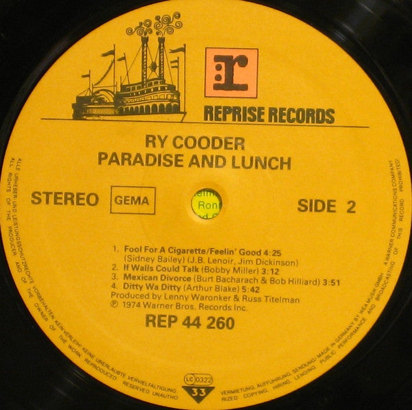 Ry Cooder - Paradise And Lunch (Vinyl, LP, Album, Reissue, Stereo) Very Good Plus (VG+) / Very Good Plus (VG+)