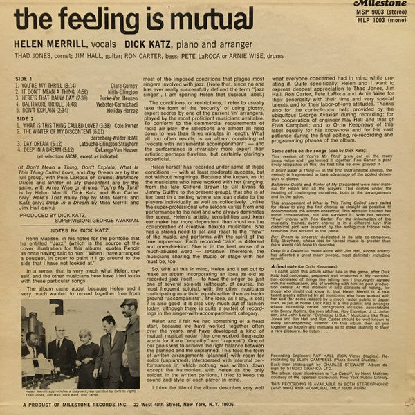 Helen Merrill - The Feeling Is Mutual (Vinyl, LP, Album, Stereo) Very Good (VG) / Good Plus (G+)