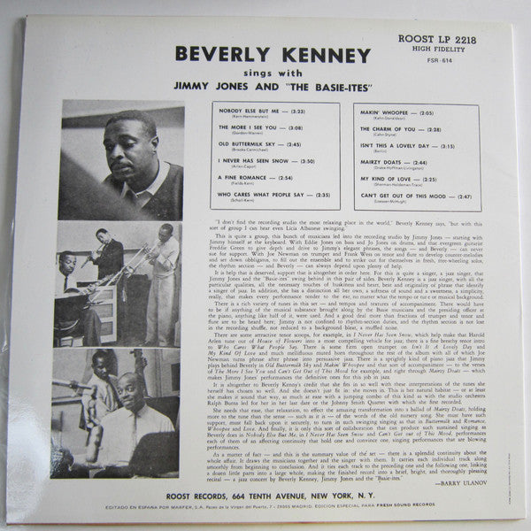 Beverly Kenney - Sings With Jimmy Jones And "The Basie-Ites" (Vinyl, LP, Album, Reissue, Mono) Very Good (VG) / Very Good (VG)