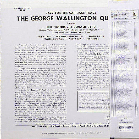 George Wallington Quintet - Jazz For The Carriage Trade (Vinyl, LP, Album, Mono, Reissue) Very Good Plus (VG+) / Very Good Plus (VG+)