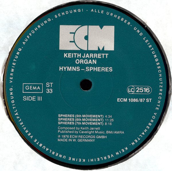 Keith Jarrett - Hymns Spheres (2xVinyl, LP, Album, Reissue, Stereo) Very Good (VG) / Very Good Plus (VG+)