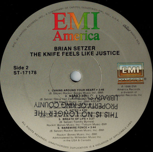 Brian Setzer - The Knife Feels Like Justice (Vinyl, LP, Album) Very Good (VG) / Very Good (VG)