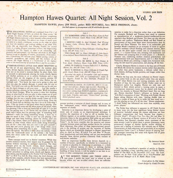 Hampton Hawes Quartet - All Night Session, Vol. 2 (Vinyl, LP, Album, Limited Edition, Reissue, Stereo) Very Good Plus (VG+) / Very Good Plus (VG+)