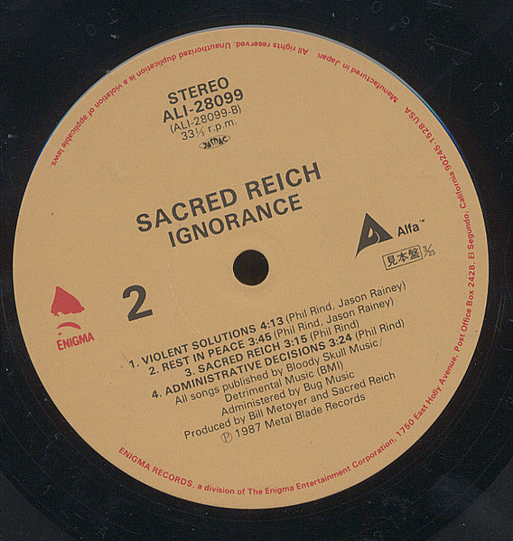 Sacred Reich - Ignorance (Vinyl, LP, Album, Promo) Near Mint (NM or M-) / Very Good Plus (VG+)