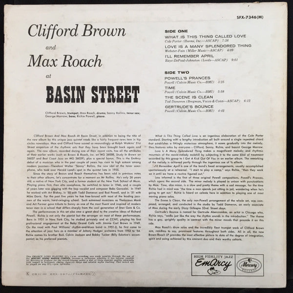 Clifford Brown And Max Roach - At Basin Street (Vinyl, LP, Album, Mono) Very Good Plus (VG+) / Very Good Plus (VG+)