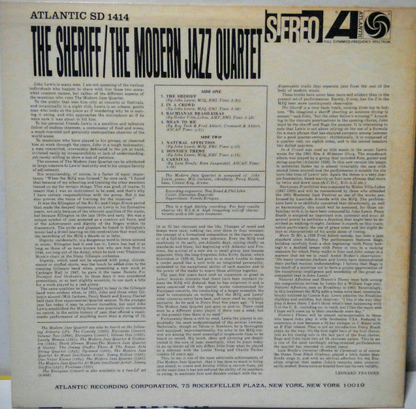 The Modern Jazz Quartet - The Sheriff (Vinyl, LP, Album, Limited Edition, Reissue, Stereo) Near Mint (NM or M-) / Very Good (VG)