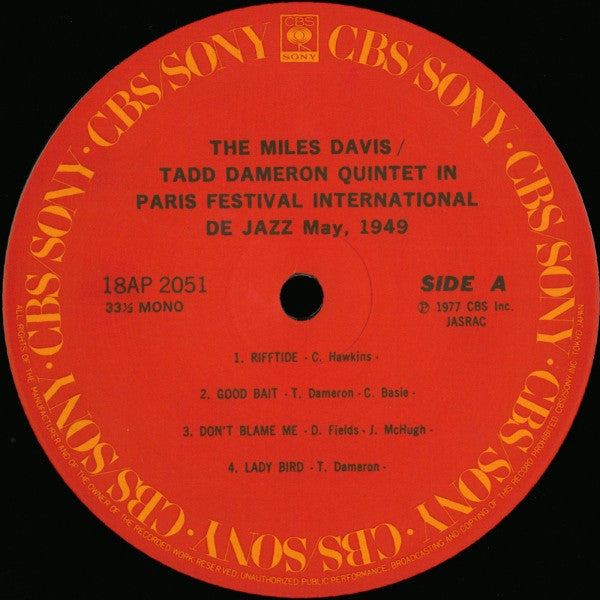 Miles Davis-Tadd Dameron Quintet - In Paris Festival International De Jazz - May, 1949 (Vinyl, LP, Album, Mono, Reissue) Very Good Plus (VG+) / Very Good (VG)