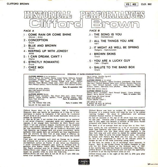Clifford Brown - Historical Performances (Vinyl, LP, Compilation, Reissue) Very Good Plus (VG+) / Very Good Plus (VG+)